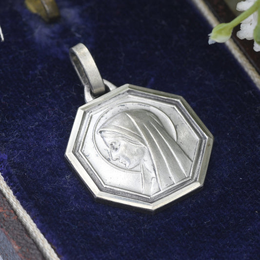 Vintage French Lourdes Virgin Mary Pendant - Religious Christian Token | Silver Tone