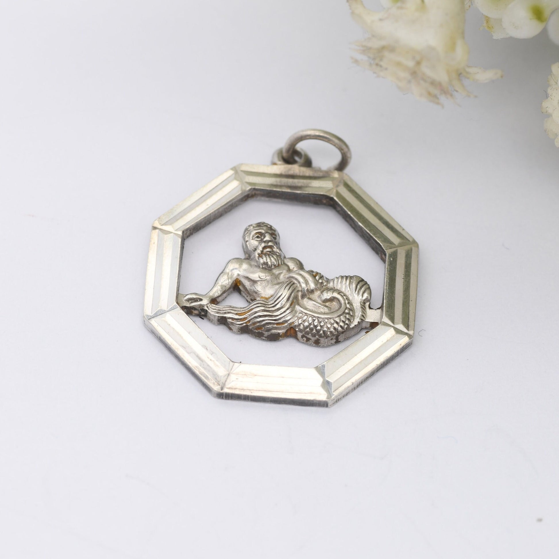 Vintage Silver Aquarius Pendant Merman - Openwork Zodiac Sign | Astrology Necklace | Horoscope Symbol | January February Birthday Gift