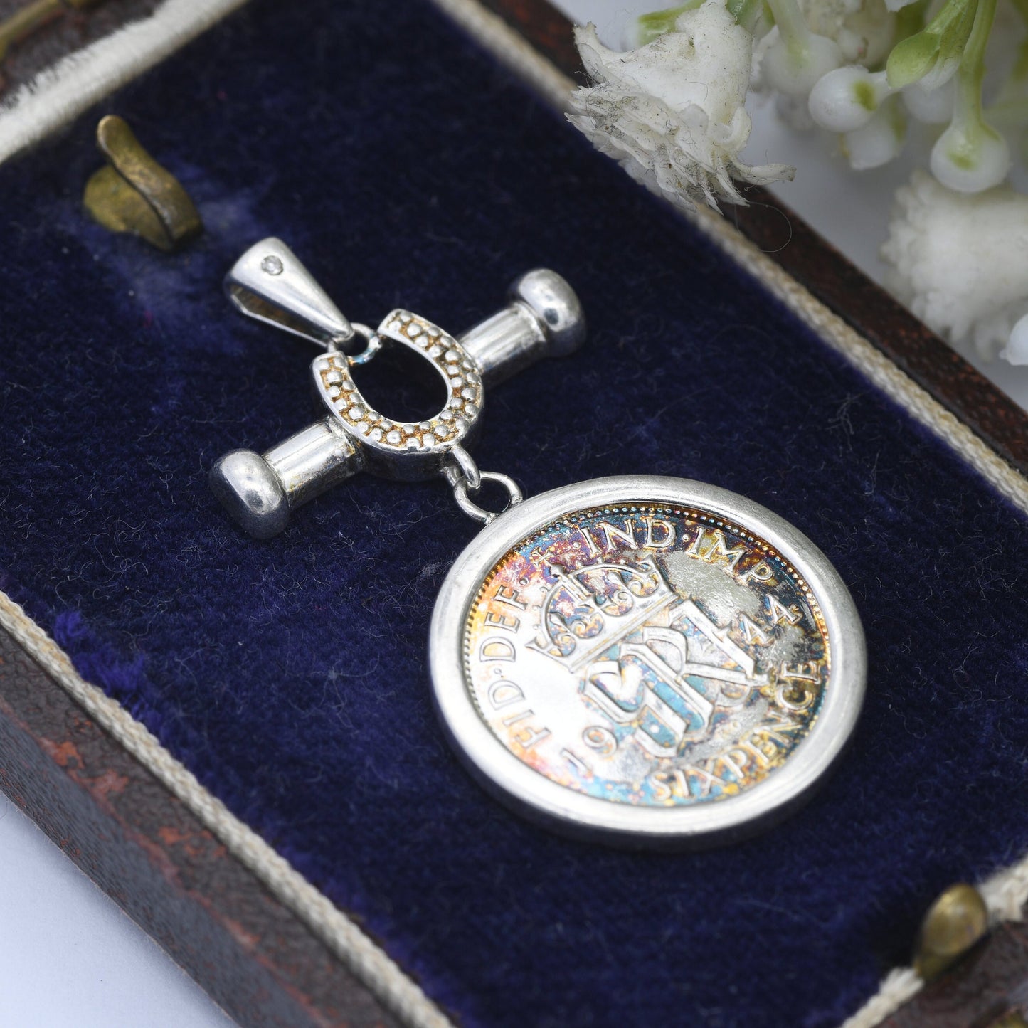 Vintage Silver George VI Sixpence 1944 Coin Pendant Set with Diamond and Lucky Horseshoe Mount