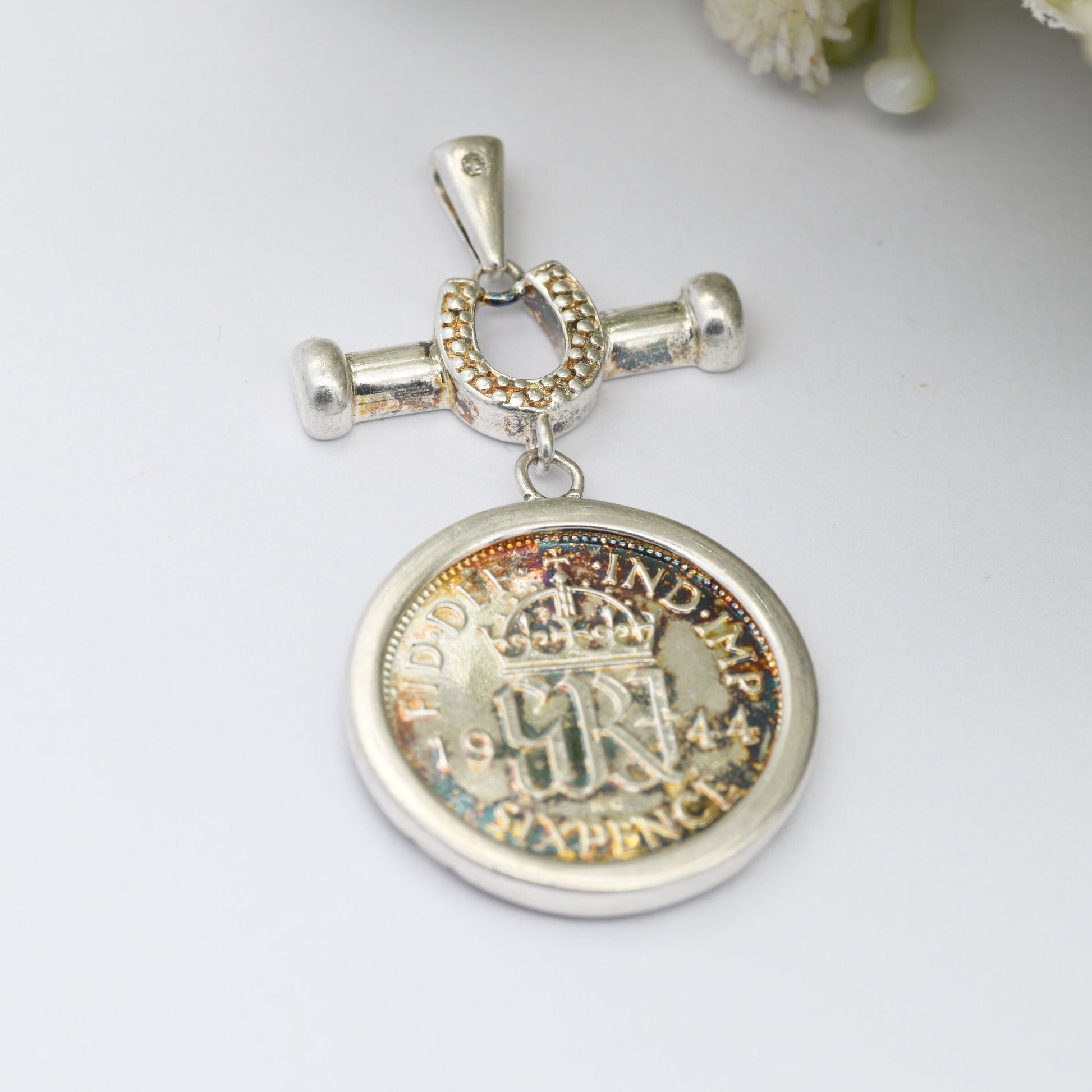 Vintage Silver George VI Sixpence 1944 Coin Pendant Set with Diamond and Lucky Horseshoe Mount