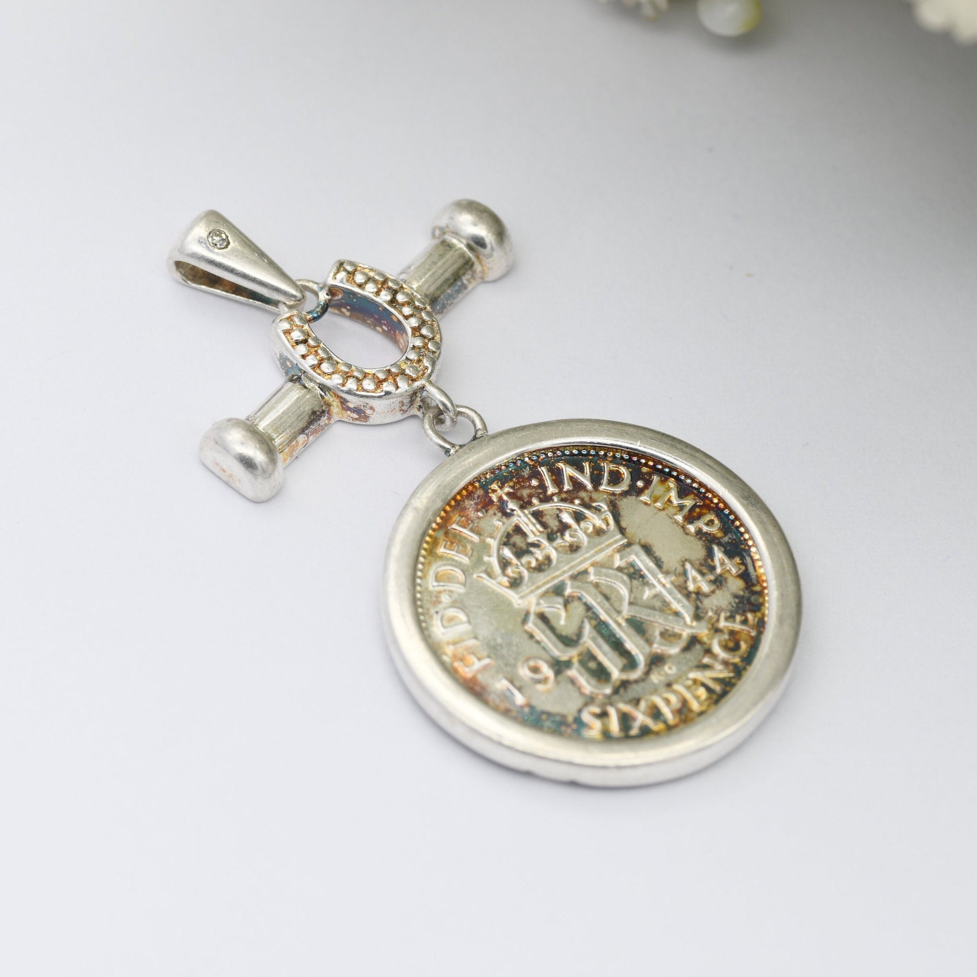 Vintage Silver George VI Sixpence 1944 Coin Pendant Set with Diamond and Lucky Horseshoe Mount