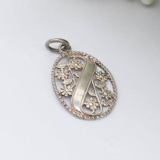 Vintage Sterling Silver Flower Openwork Pendant with Blank Plaque to the Front for Engraving - Antique Floral Style