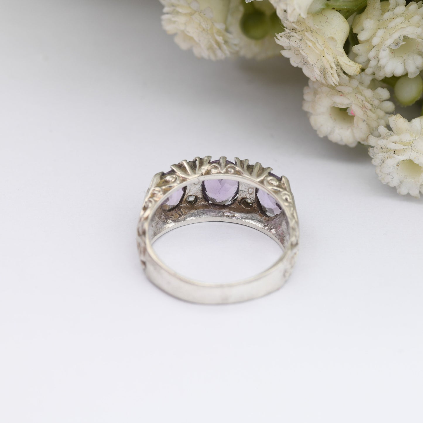 Vintage Sterling Silver Amethyst Three Stone Ring with Clear Stone Accents 1978 - Victorian Revival | UK Size - J 1/2 | US Size - 5