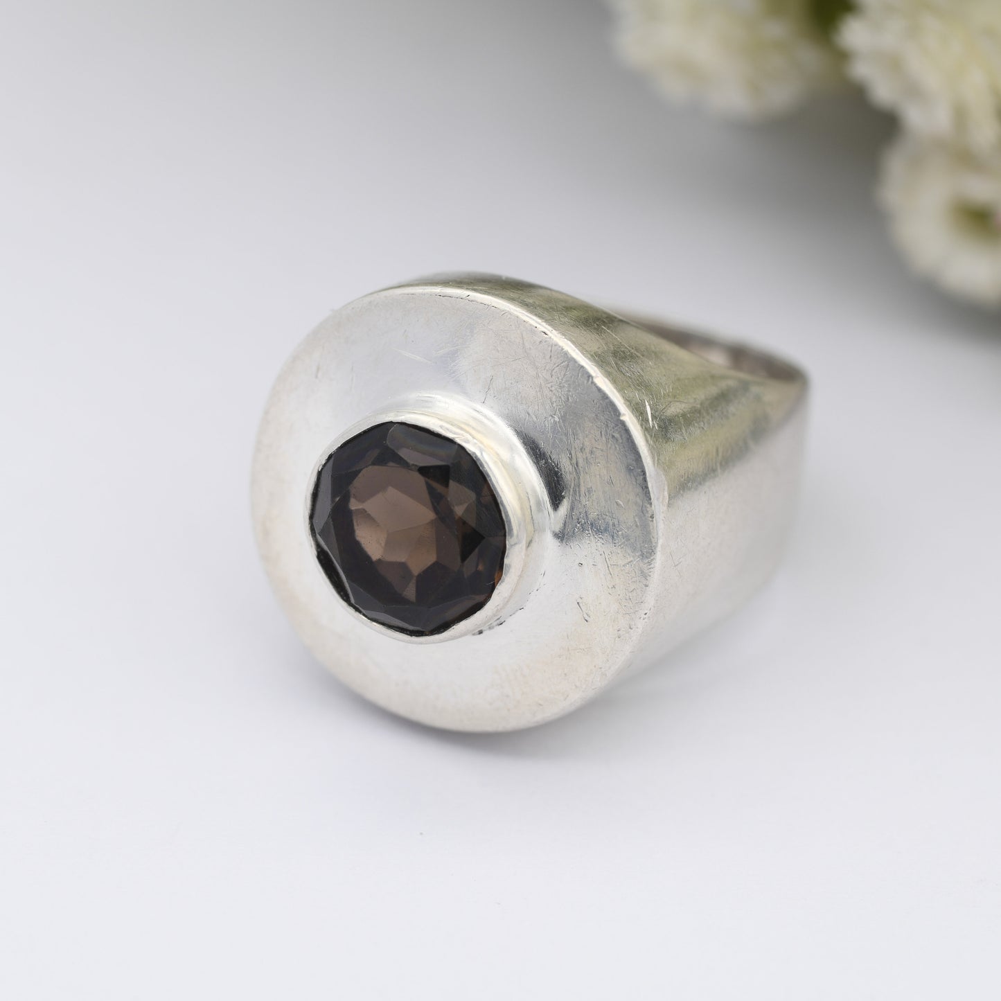 Vintage Sterling Silver Smoky Quartz Ring 1970 CJB - Chunky Mid-Century Modernist Design | UK Size - O 1/2 | US Size - 7 1/2