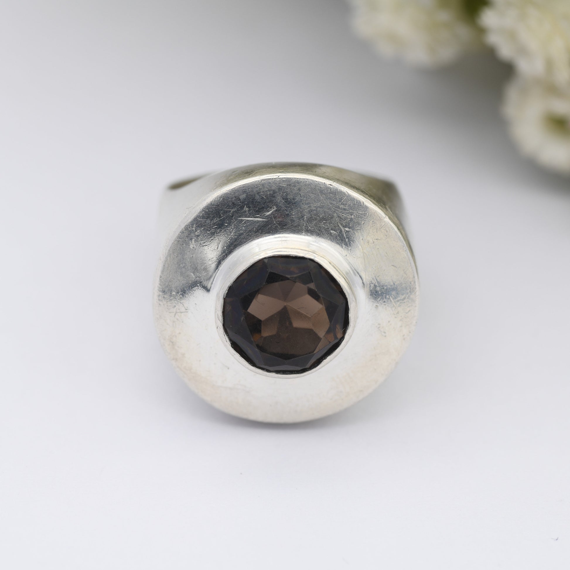 Vintage Sterling Silver Smoky Quartz Ring 1970 CJB - Chunky Mid-Century Modernist Design | UK Size - O 1/2 | US Size - 7 1/2