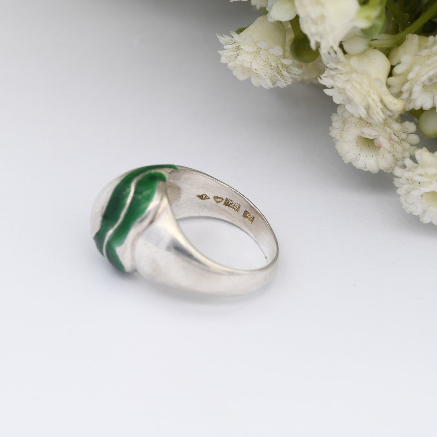 Vintage Sterling Silver Green Swirl Enamel Ring - Mid-Century Figural Silver | Small Chunky Ring | UK Size - I 1/2 | US Size - 4 1/2