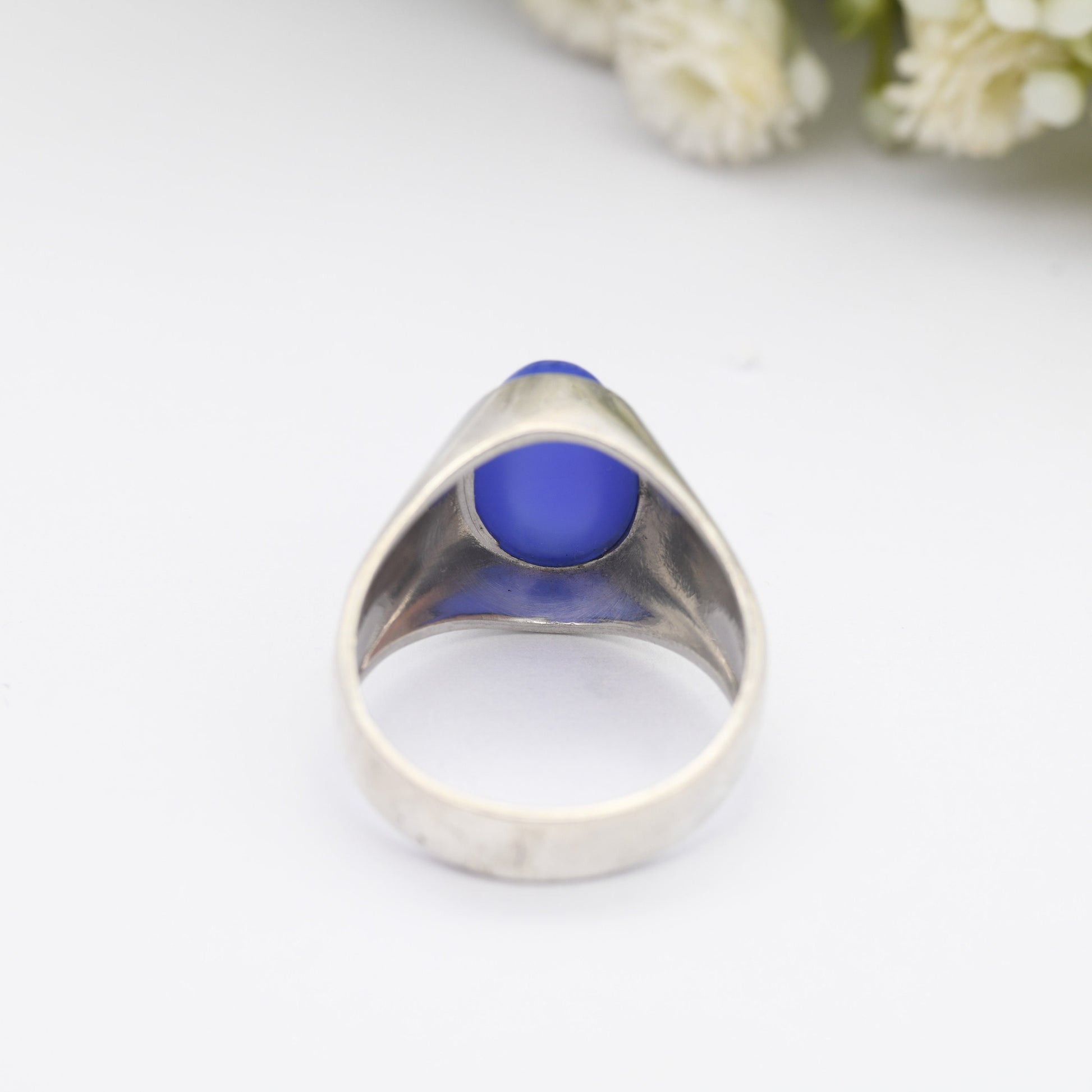 Vintage Sterling Silver Chalcedony Signet Ring - Chunky Unisex Silver | Cabochon Blue Gemstone | UK Size - N 1/2 / US - 7