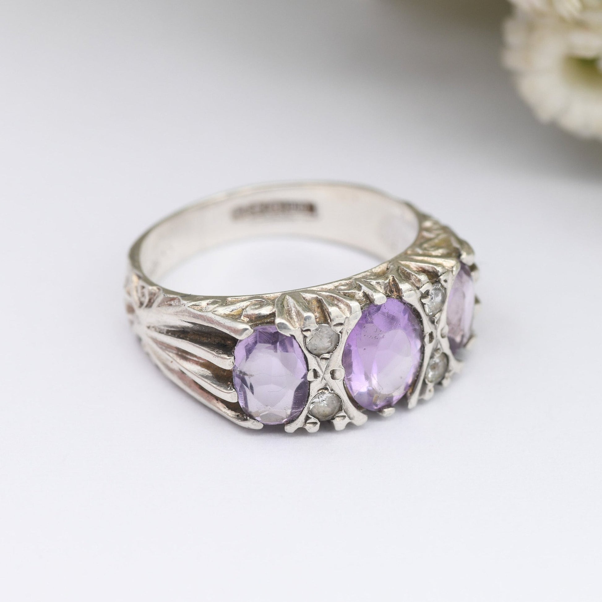 Vintage Sterling Silver Amethyst Three Stone Ring with Clear Stone Accents 1978 - Victorian Revival | UK Size - J 1/2 | US Size - 5