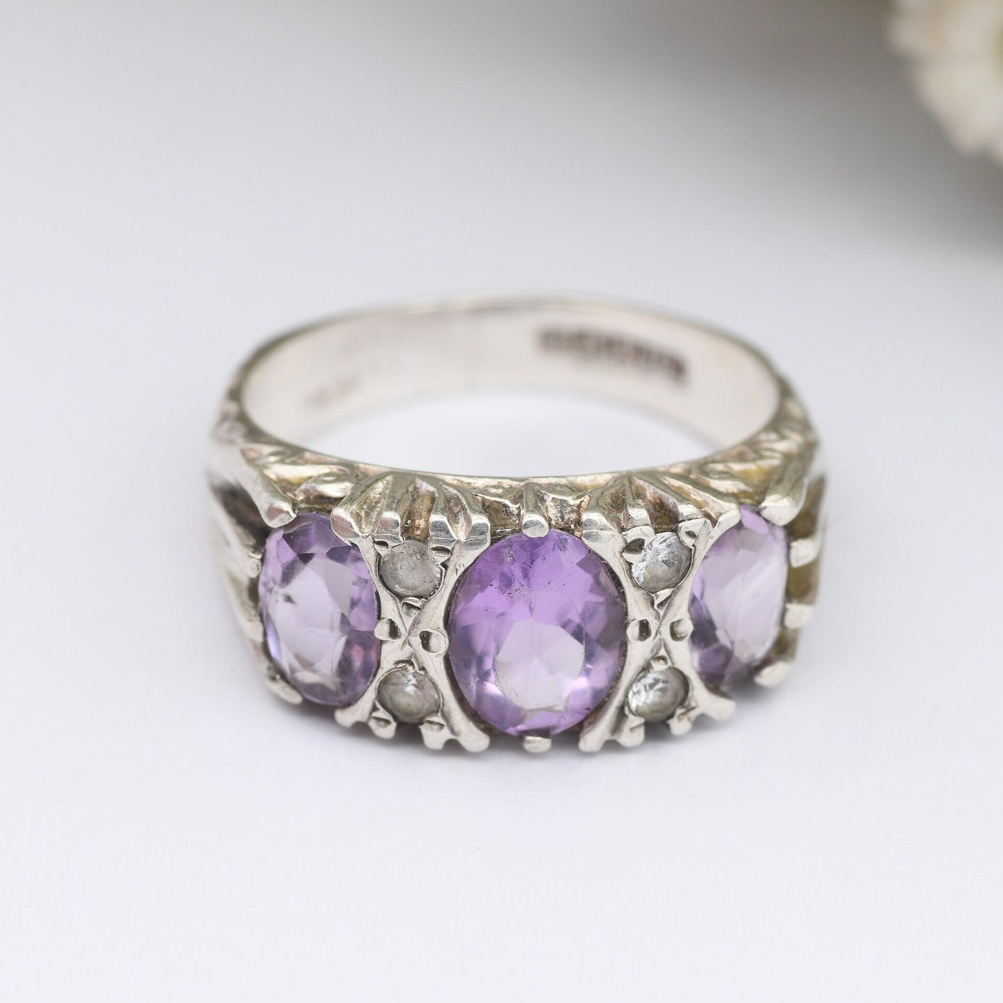 Vintage Sterling Silver Amethyst Three Stone Ring with Clear Stone Accents 1978 - Victorian Revival | UK Size - J 1/2 | US Size - 5