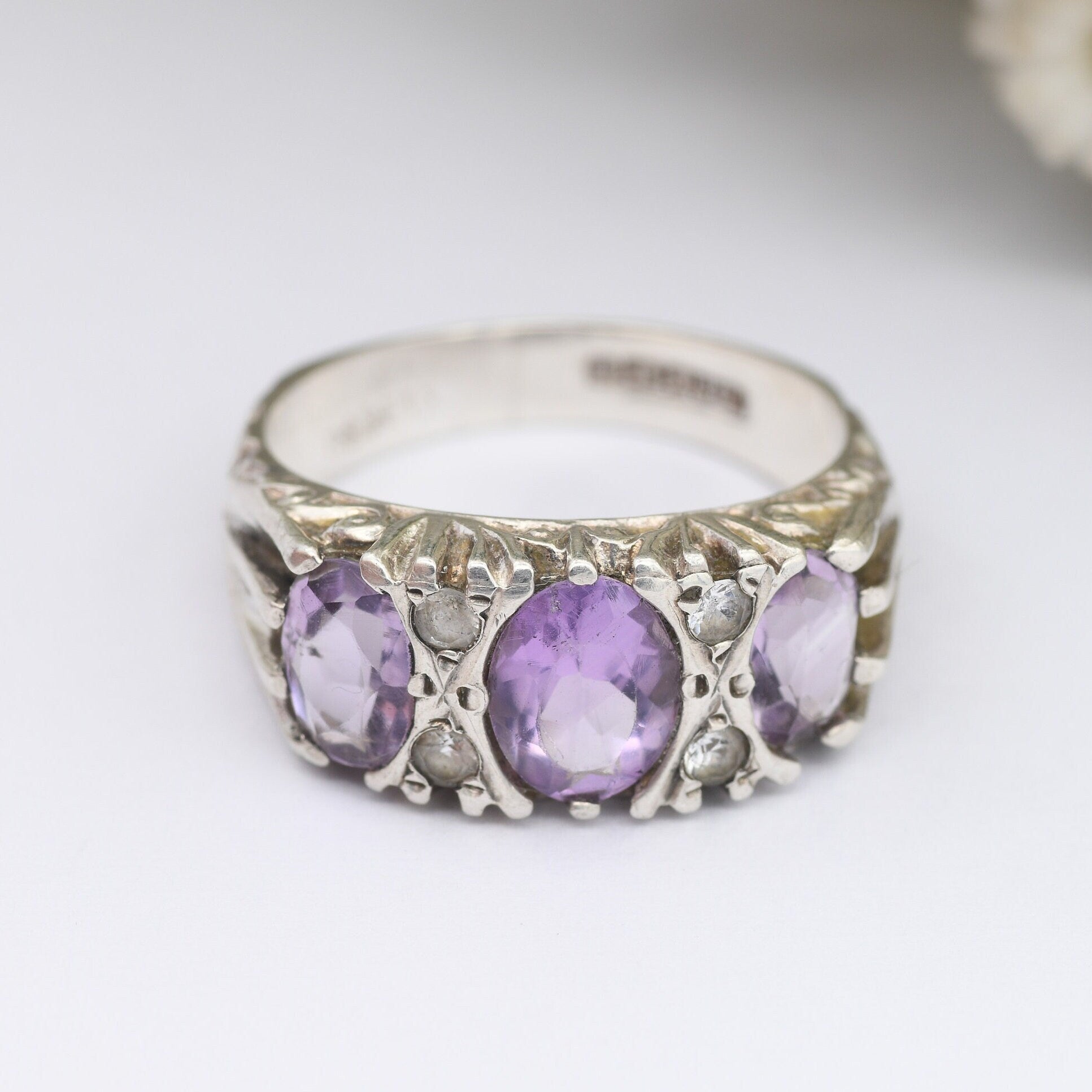 Vintage Sterling Silver Amethyst Three Stone Ring with Clear Stone Accents 1978 - Victorian Revival | UK Size - J 1/2 | US Size - 5