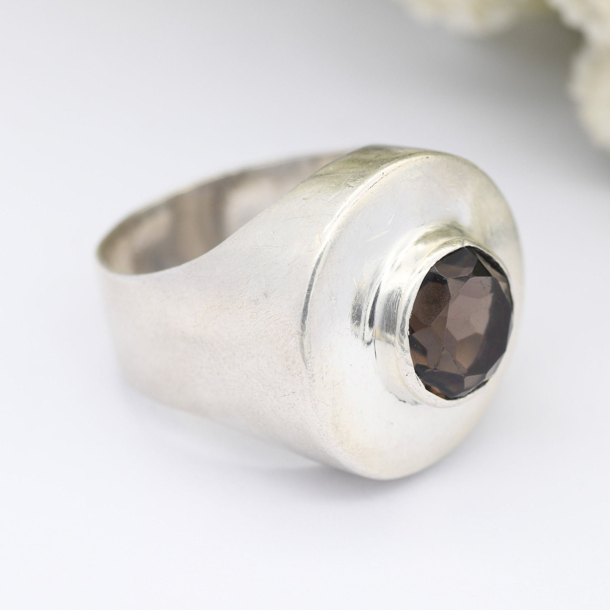 Vintage Sterling Silver Smoky Quartz Ring 1970 CJB - Chunky Mid-Century Modernist Design | UK Size - O 1/2 | US Size - 7 1/2