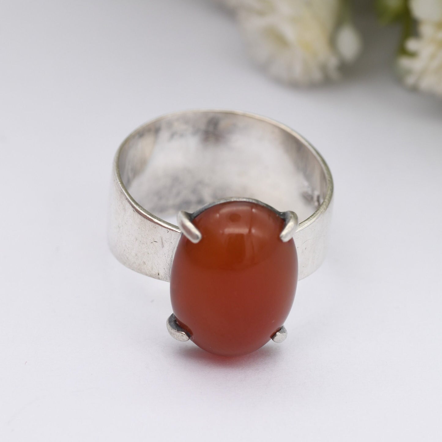 Vintage Mid-Century Sterling Silver Carnelian Ring 1970 - Chunky Band | UK Size - M | US Size - 6/4