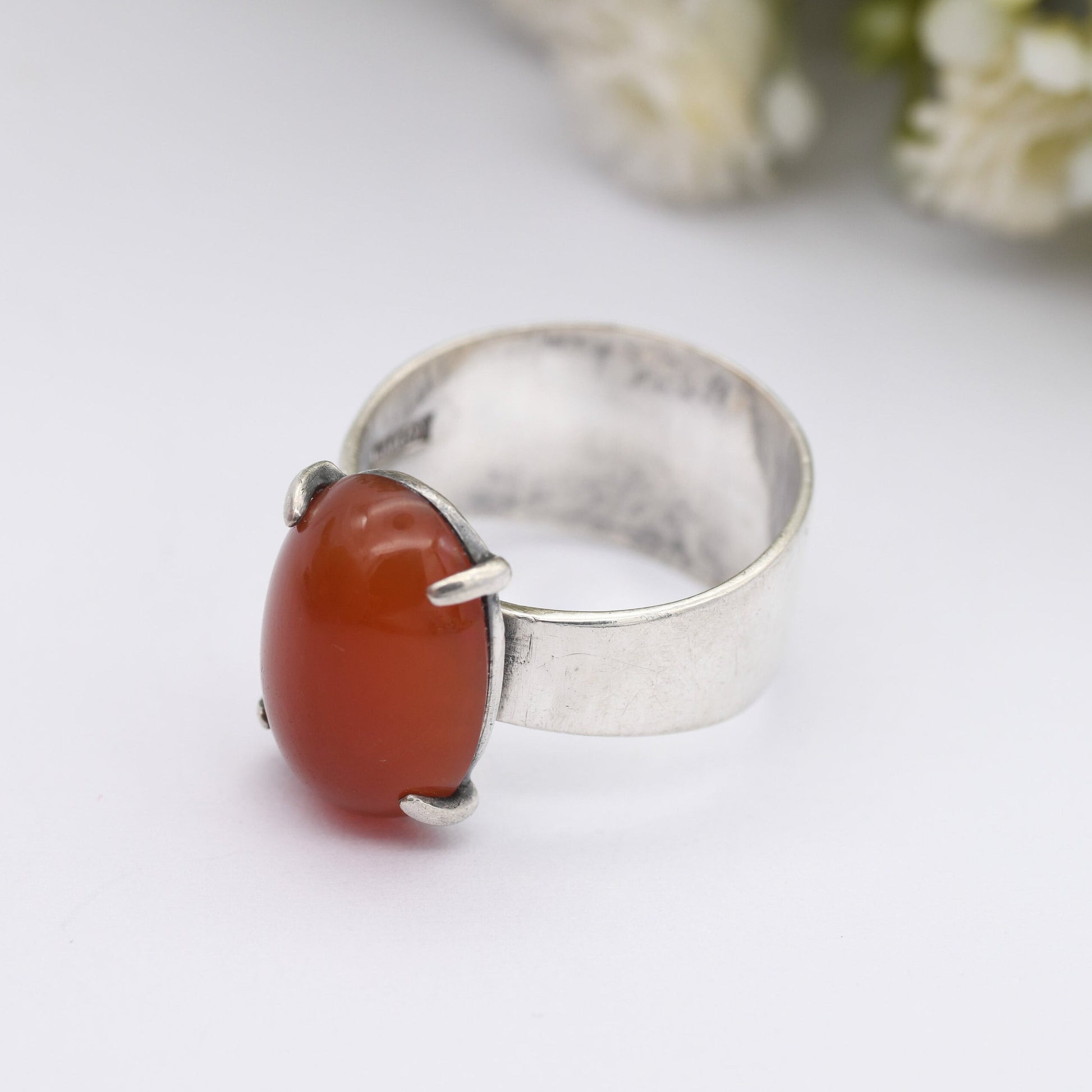 Vintage Mid-Century Sterling Silver Carnelian Ring 1970 - Chunky Band | UK Size - M | US Size - 6/4