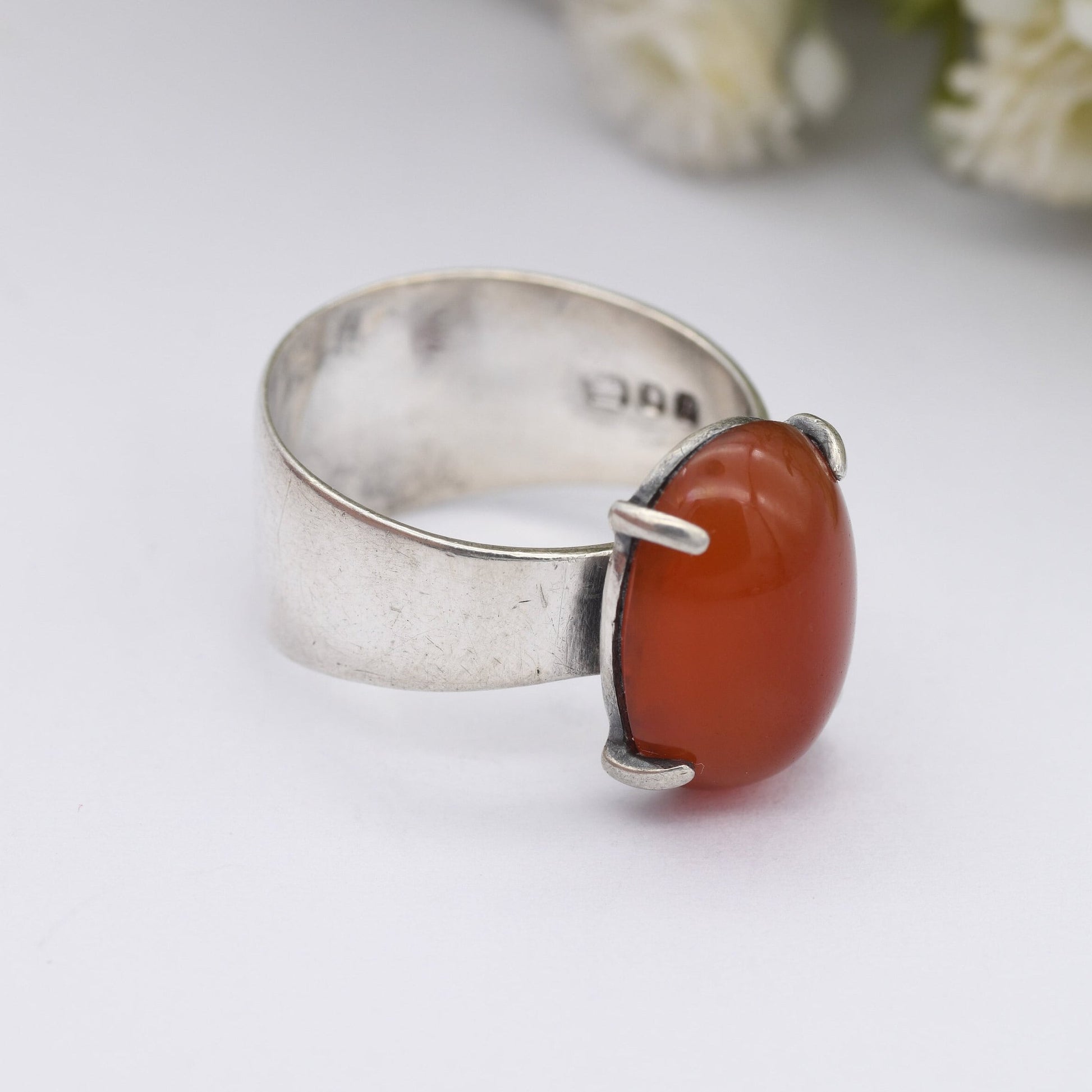 Vintage Mid-Century Sterling Silver Carnelian Ring 1970 - Chunky Band | UK Size - M | US Size - 6/4