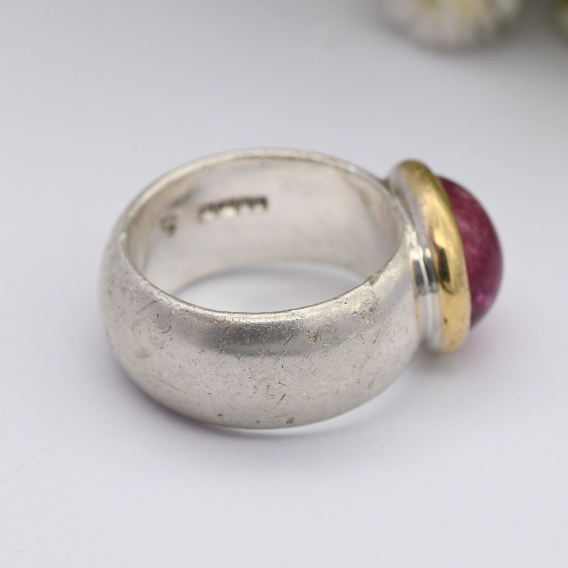 Sterling Silver Chunky Ring with Large Pink Stone 2003 - Gold Plated Bezel | UK Size - N 1/2 | US Size - 7