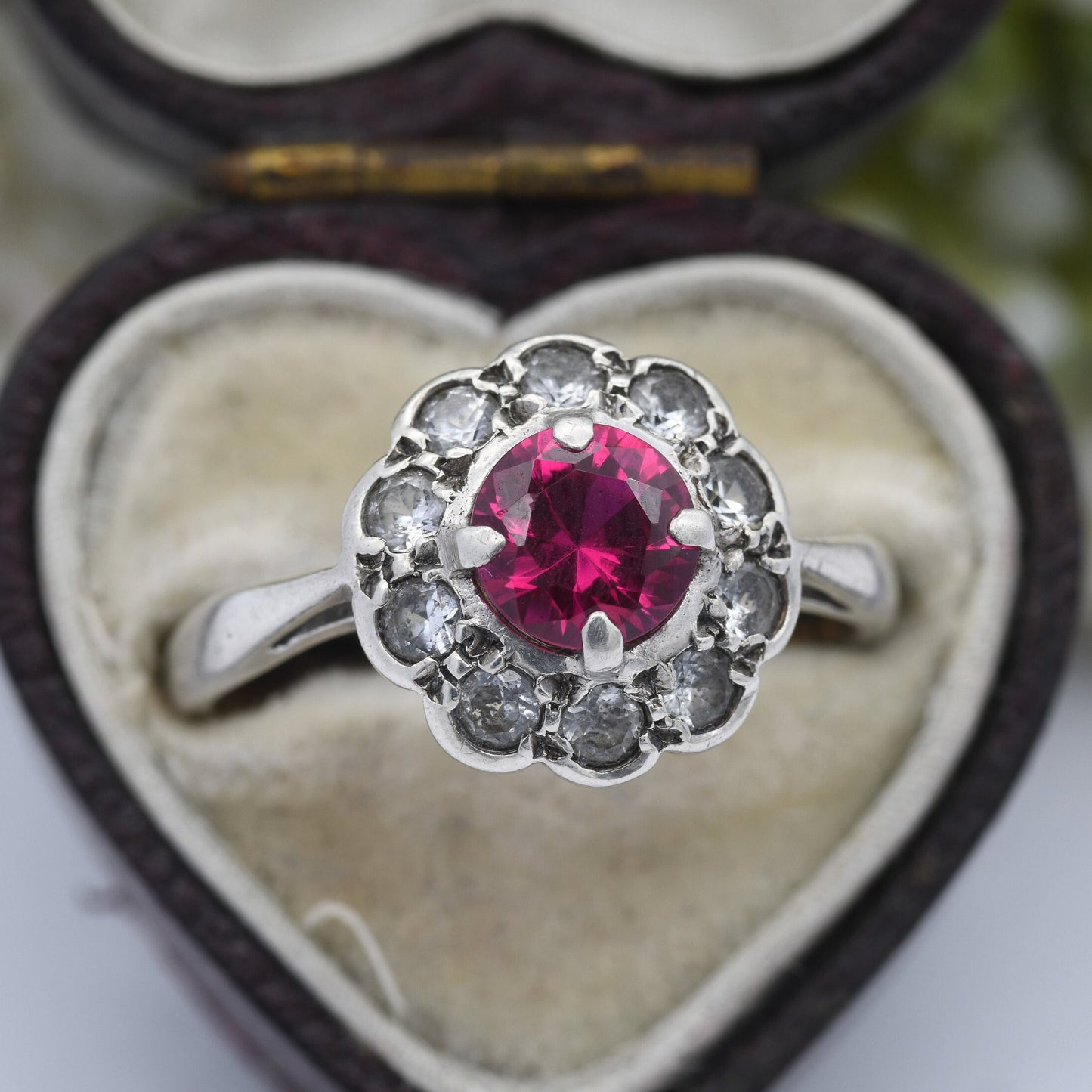 Vintage 9ct Gold Sterling Silver Ruby Clear Stone Flower Cluster Ring - Floral Daisy Ring | UK Size - N 1/2 | US Size - 7