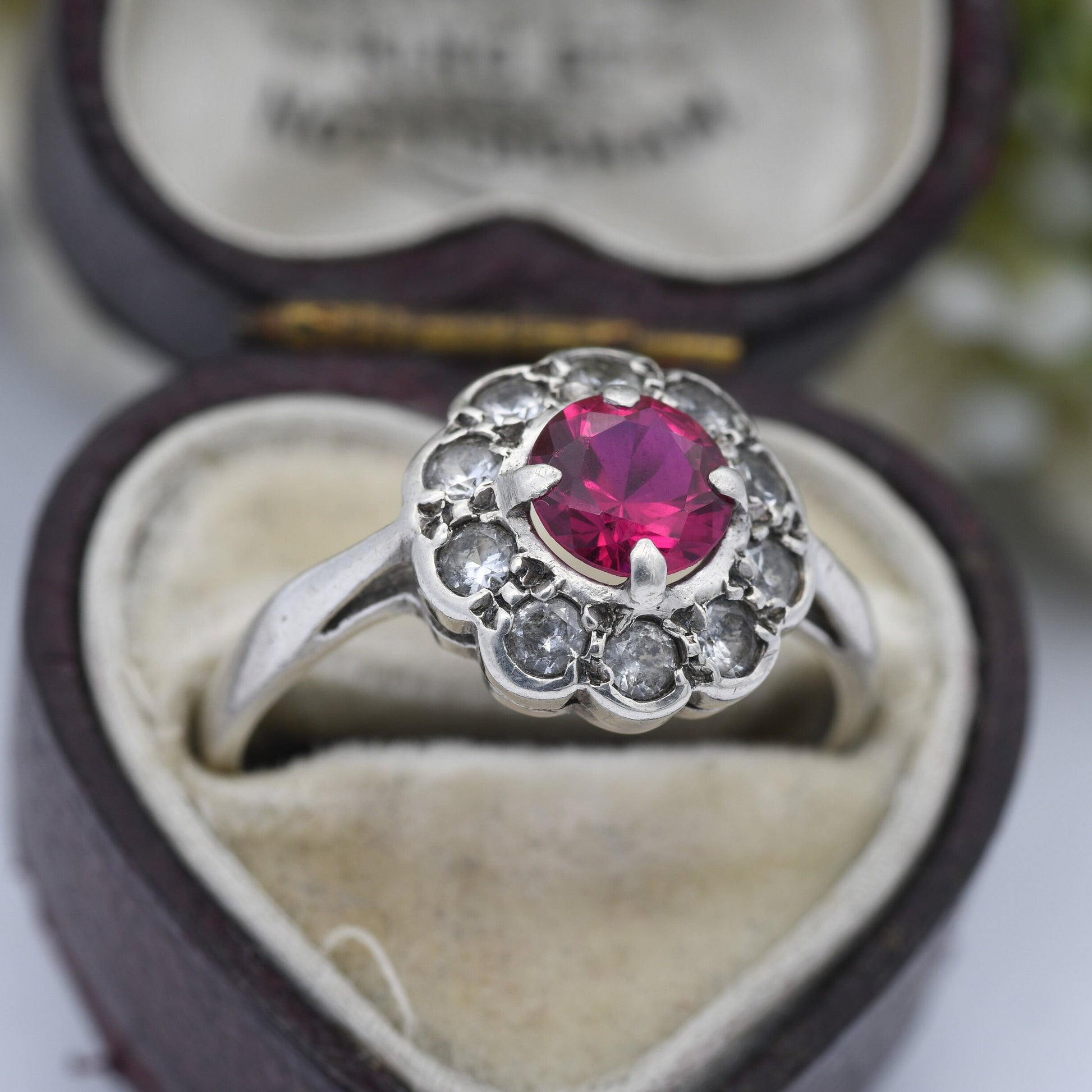 Vintage 9ct Gold Sterling Silver Ruby Clear Stone Flower Cluster Ring - Floral Daisy Ring | UK Size - N 1/2 | US Size - 7