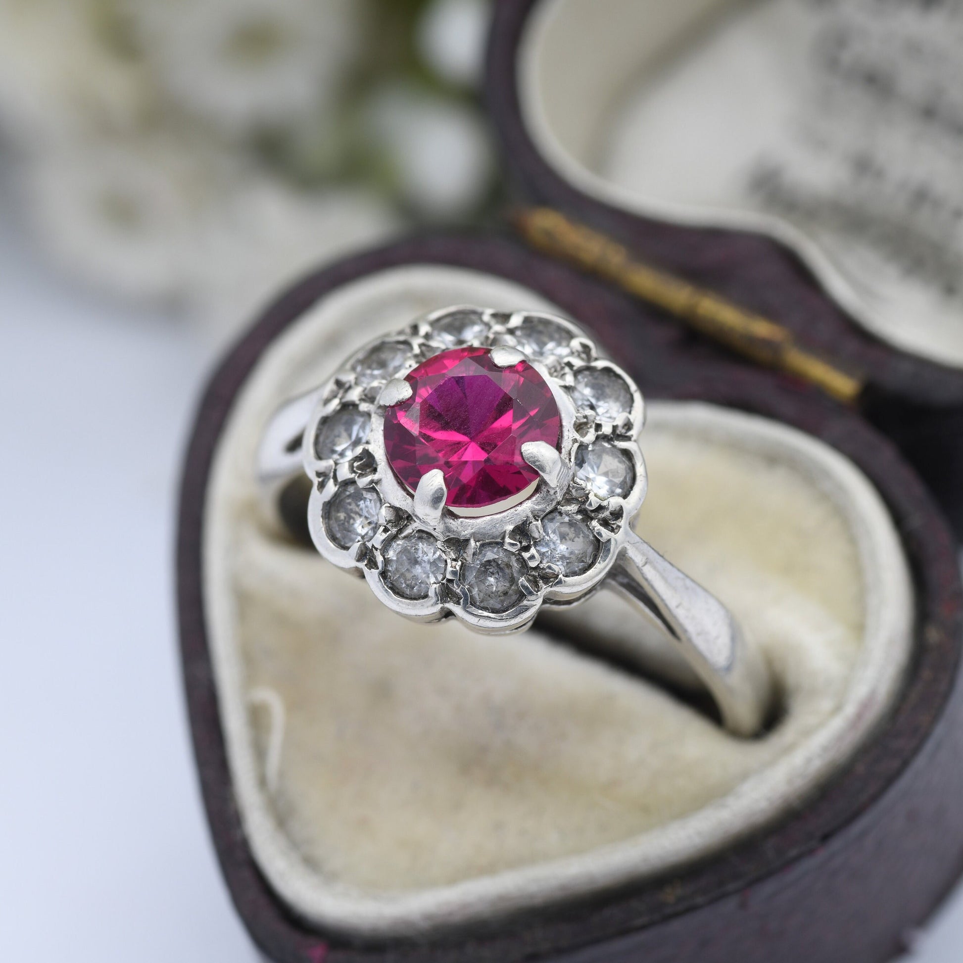 Vintage 9ct Gold Sterling Silver Ruby Clear Stone Flower Cluster Ring - Floral Daisy Ring | UK Size - N 1/2 | US Size - 7