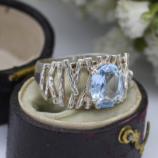 Vintage Sterling Silver Blue Stone Ring - Mid-Century Textured Bark Effect | UK Size - J 1/2 | US Size - 5