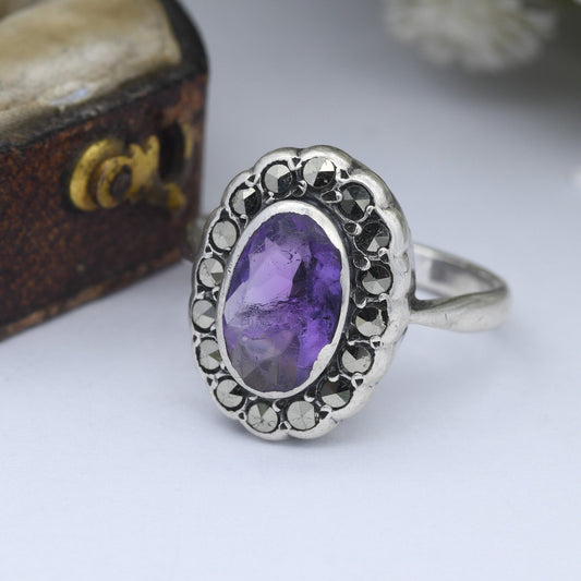 Vintage Sterling Silver Amethyst Marcasite Ring - True Vintage Statement Ring | Art Deco 1930s 1940s | UK Size - K | US Size - 5 1/4