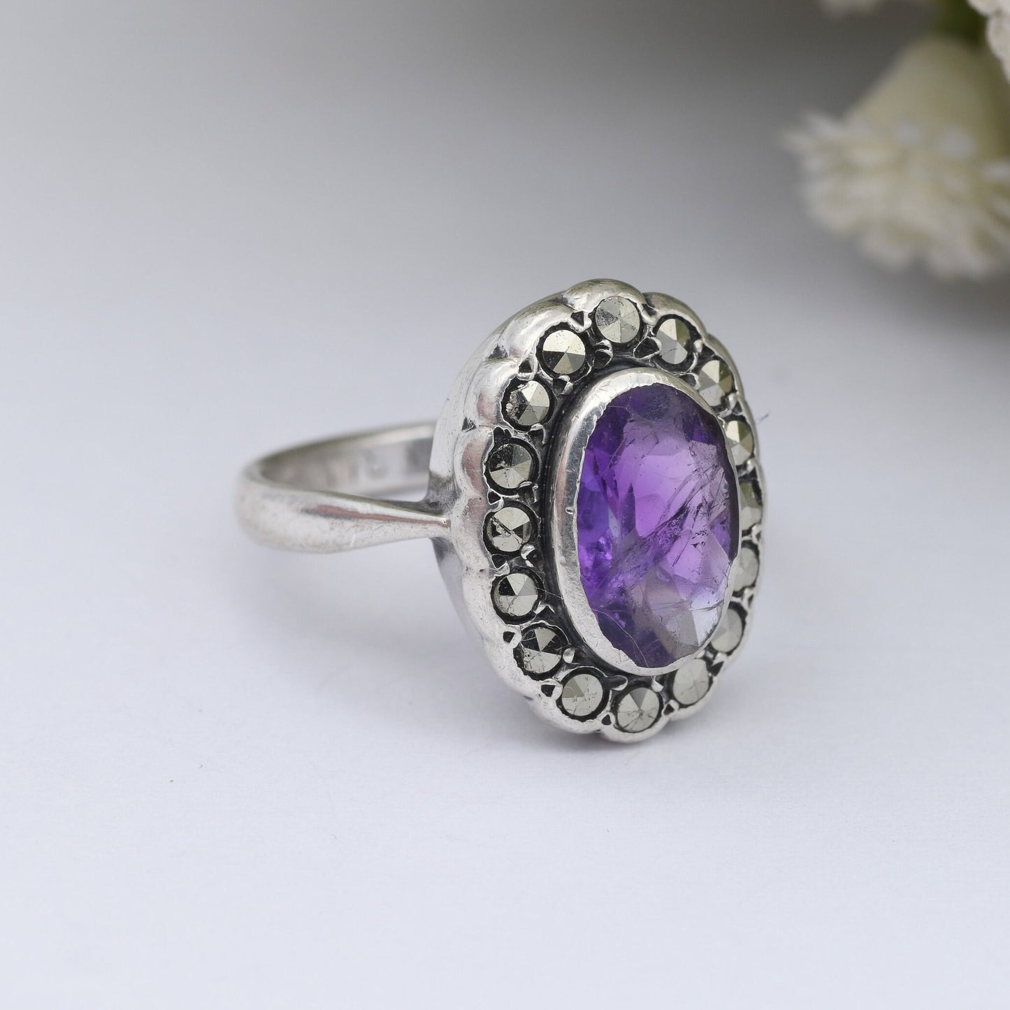 Vintage Sterling Silver Amethyst Marcasite Ring - True Vintage Statement Ring | Art Deco 1930s 1940s | UK Size - K | US Size - 5 1/4