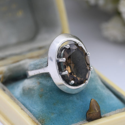 Vintage Sterling Silver Smoky Quartz Ring - Mid-Century Modernist Statement Ring | UK Size - O 1/2 | US Size - 7 1/4