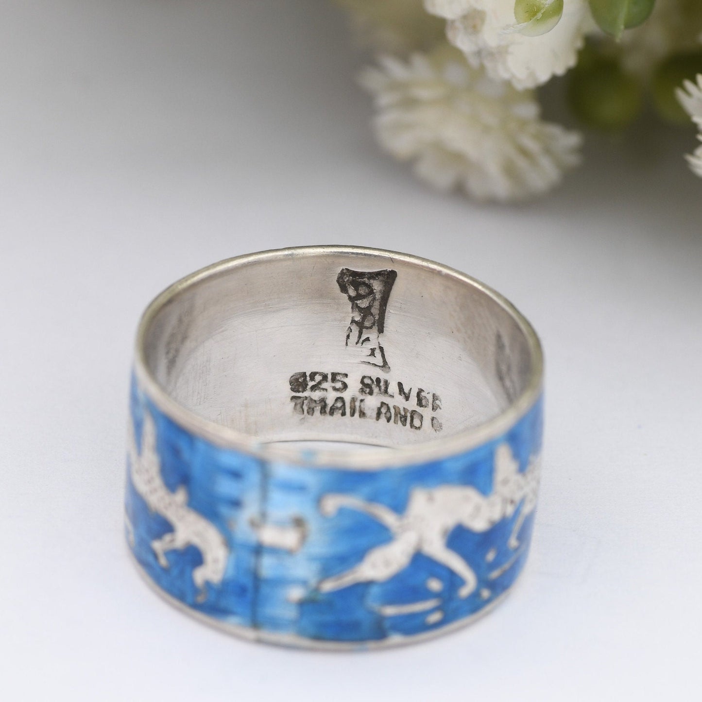 Vintage Thailand Sterling Silver Ring - Blue Niello Band Mekhala Goddess of Lightening | Engraved | UK Size - M 1/2 | US Size - 6 1/4