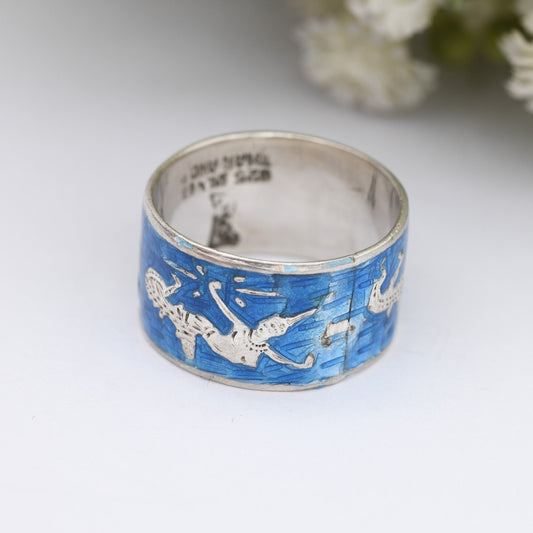 Vintage Thailand Sterling Silver Ring - Blue Niello Band Mekhala Goddess of Lightening | Engraved | UK Size - M 1/2 | US Size - 6 1/4