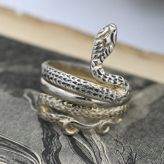 Vintage Sterling Silver Wrap Around Snake Ring - Detailed Animal Jewellery | Nature Lover Gift | UK Size - N 1/2 | US Size - 7