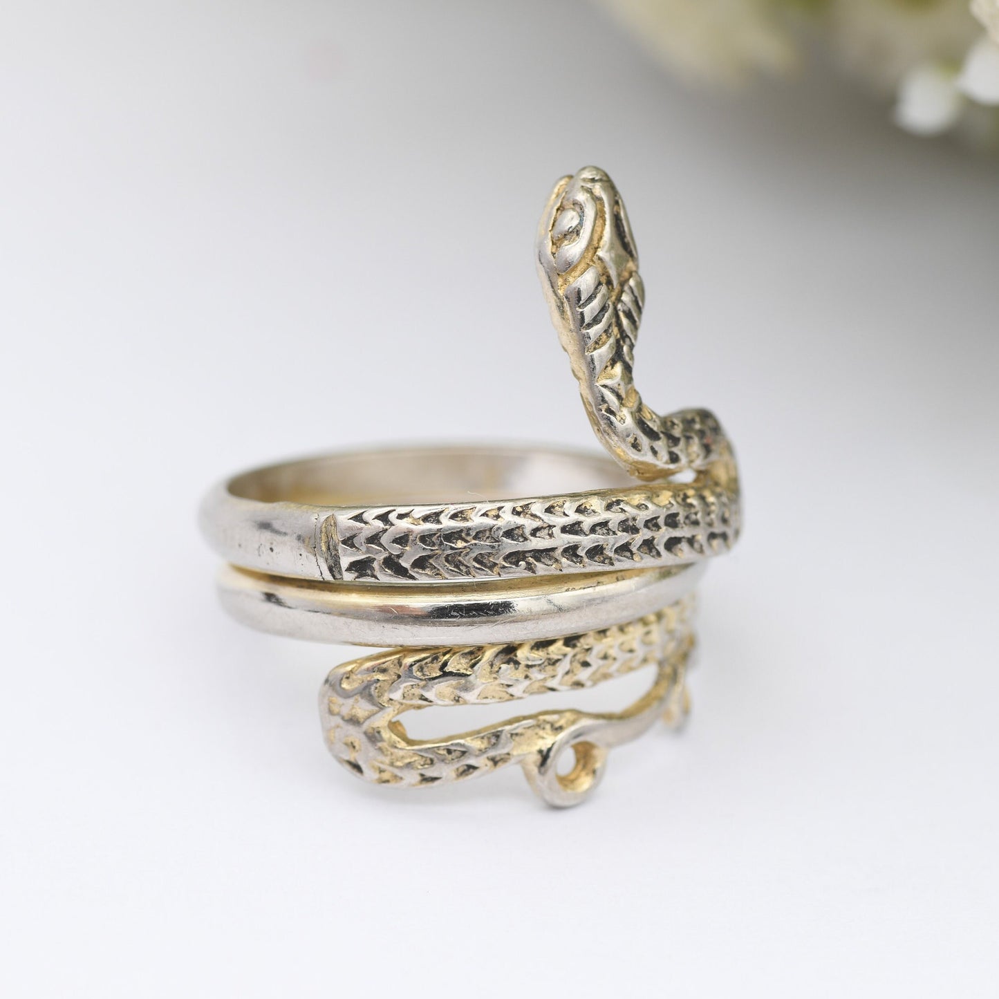 Vintage Sterling Silver Wrap Around Snake Ring - Detailed Animal Jewellery | Nature Lover Gift | UK Size - N 1/2 | US Size - 7