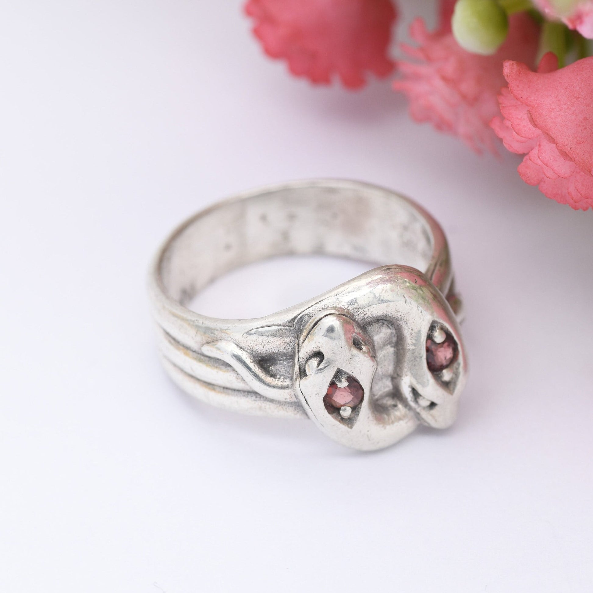 Vintage Sterling Silver Snake Ring with Double Garnet Heads - Coiled Snake Band | Animal Jewellery | UK Size - N 1/2 | US Size - 7