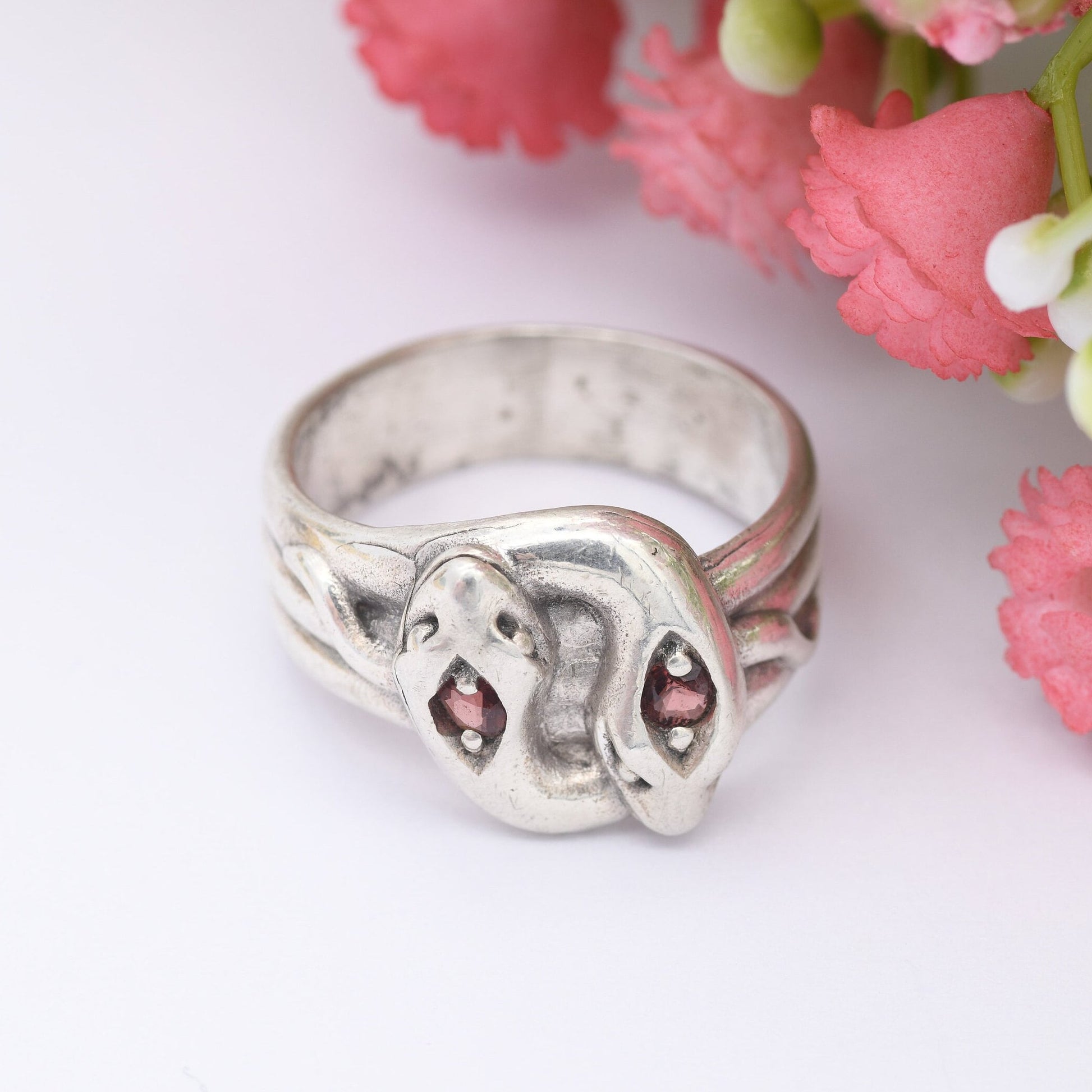 Vintage Sterling Silver Snake Ring with Double Garnet Heads - Coiled Snake Band | Animal Jewellery | UK Size - N 1/2 | US Size - 7