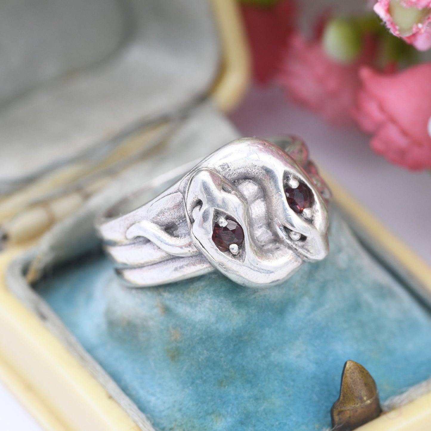 Vintage Sterling Silver Snake Ring with Double Garnet Heads - Coiled Snake Band | Animal Jewellery | UK Size - N 1/2 | US Size - 7