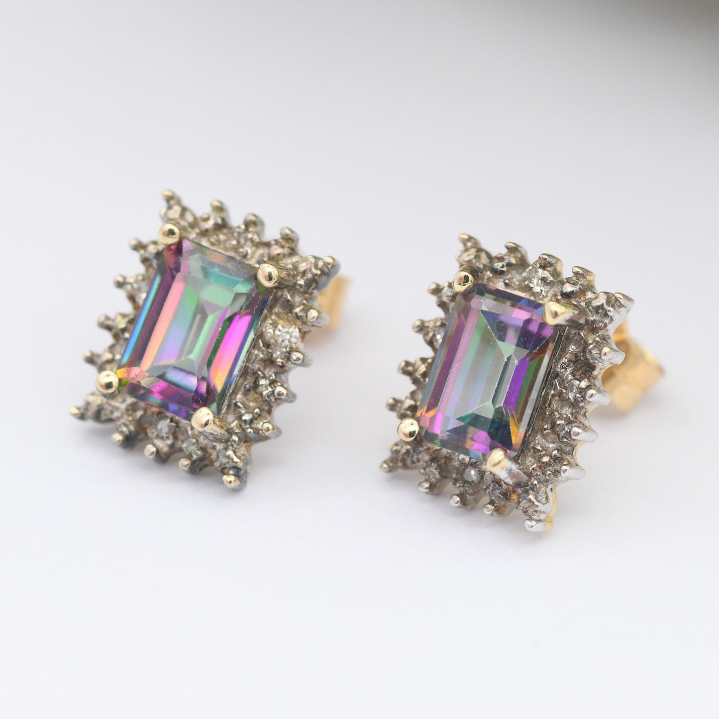 Vintage 9ct Gold Mystic Topaz Diamond Halo Stud Earrings - Sparkly Statement Earrings | Butterfly Backs