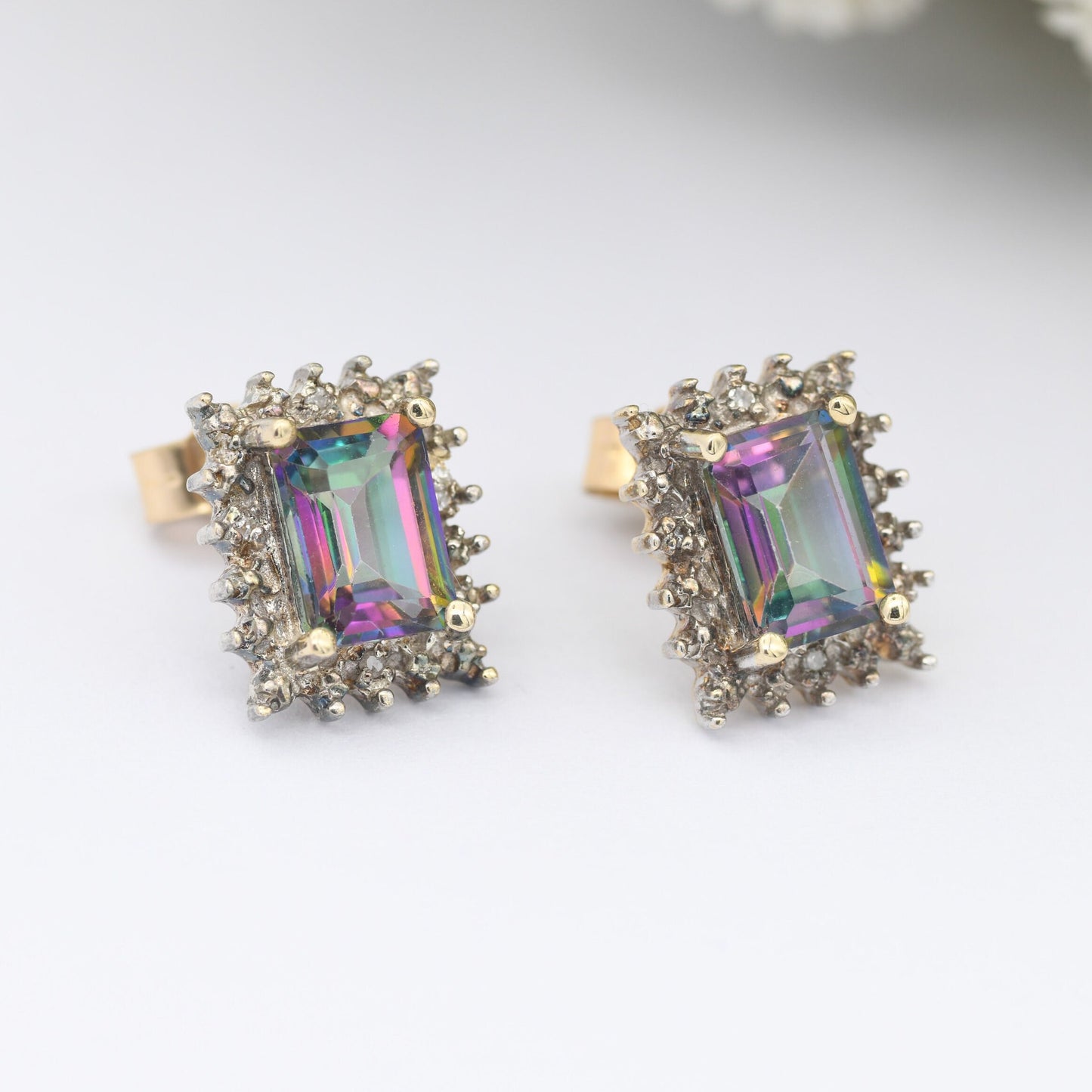 Vintage 9ct Gold Mystic Topaz Diamond Halo Stud Earrings - Sparkly Statement Earrings | Butterfly Backs