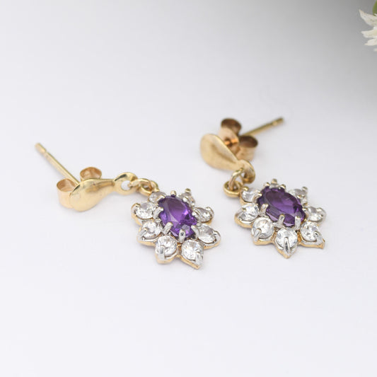 Vintage 9ct Gold Amethyst Halo Drop Earrings - CZ Floral Cluster