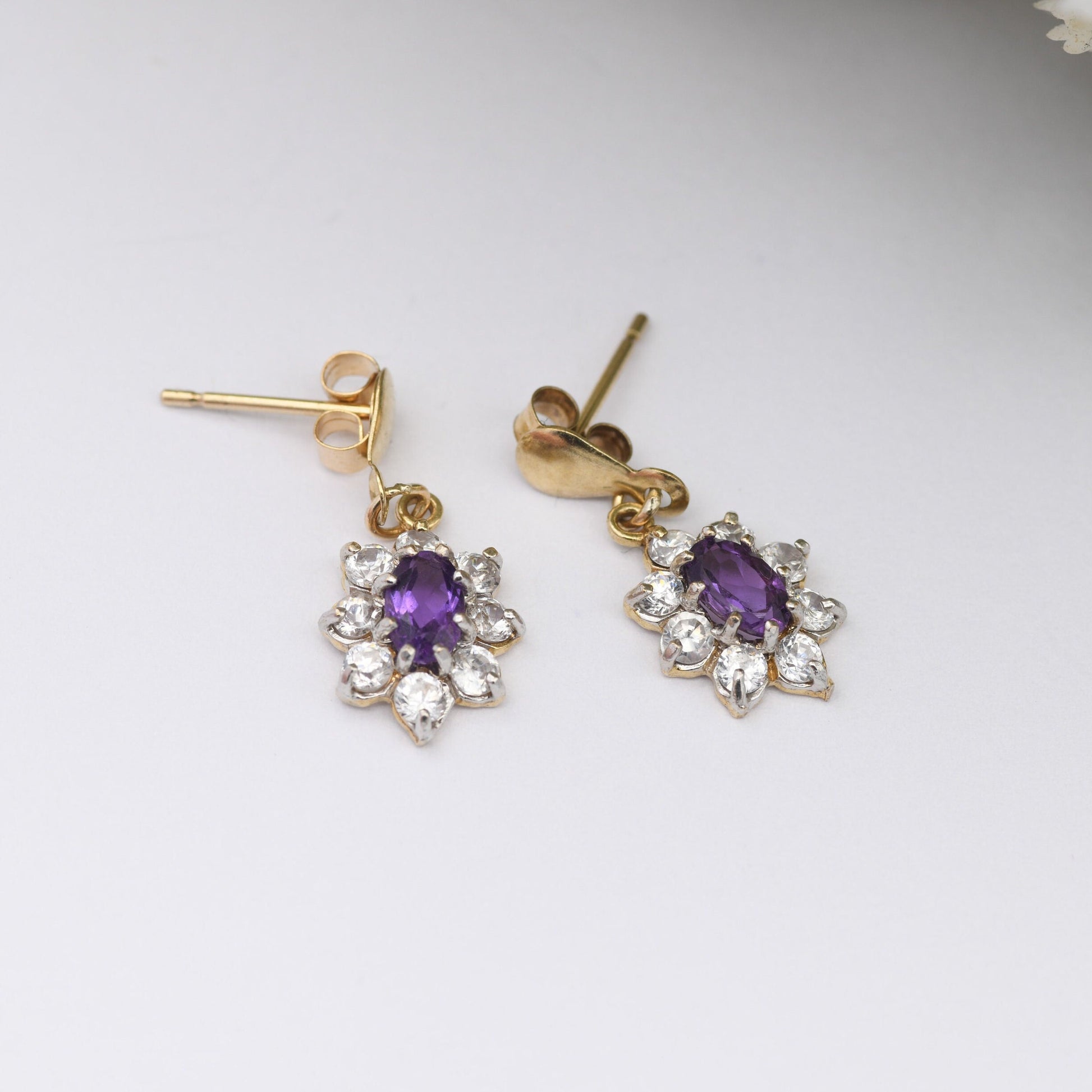 Vintage 9ct Gold Amethyst Halo Drop Earrings - CZ Floral Cluster