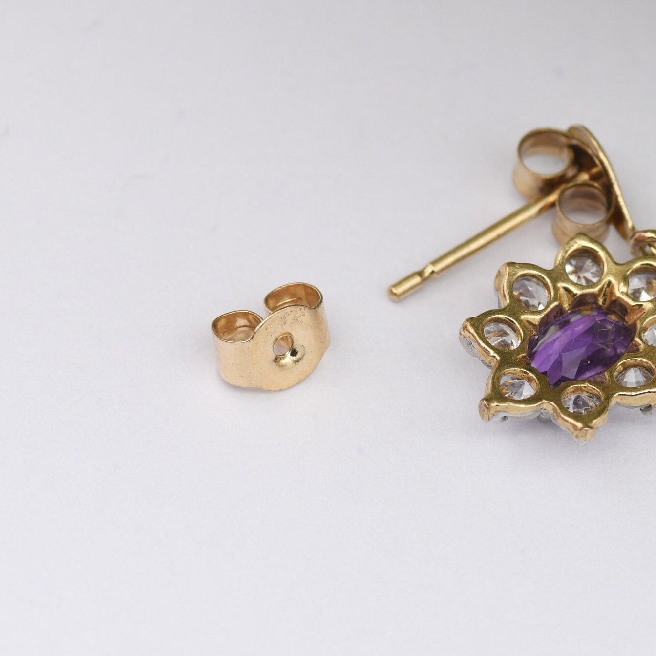 Vintage 9ct Gold Amethyst Halo Drop Earrings - CZ Floral Cluster