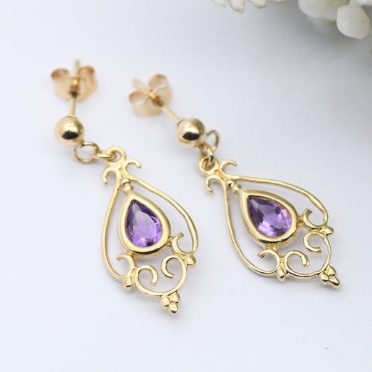 Vintage 9ct Gold Amethyst Drop Earrings - Ornate Floral Openwork