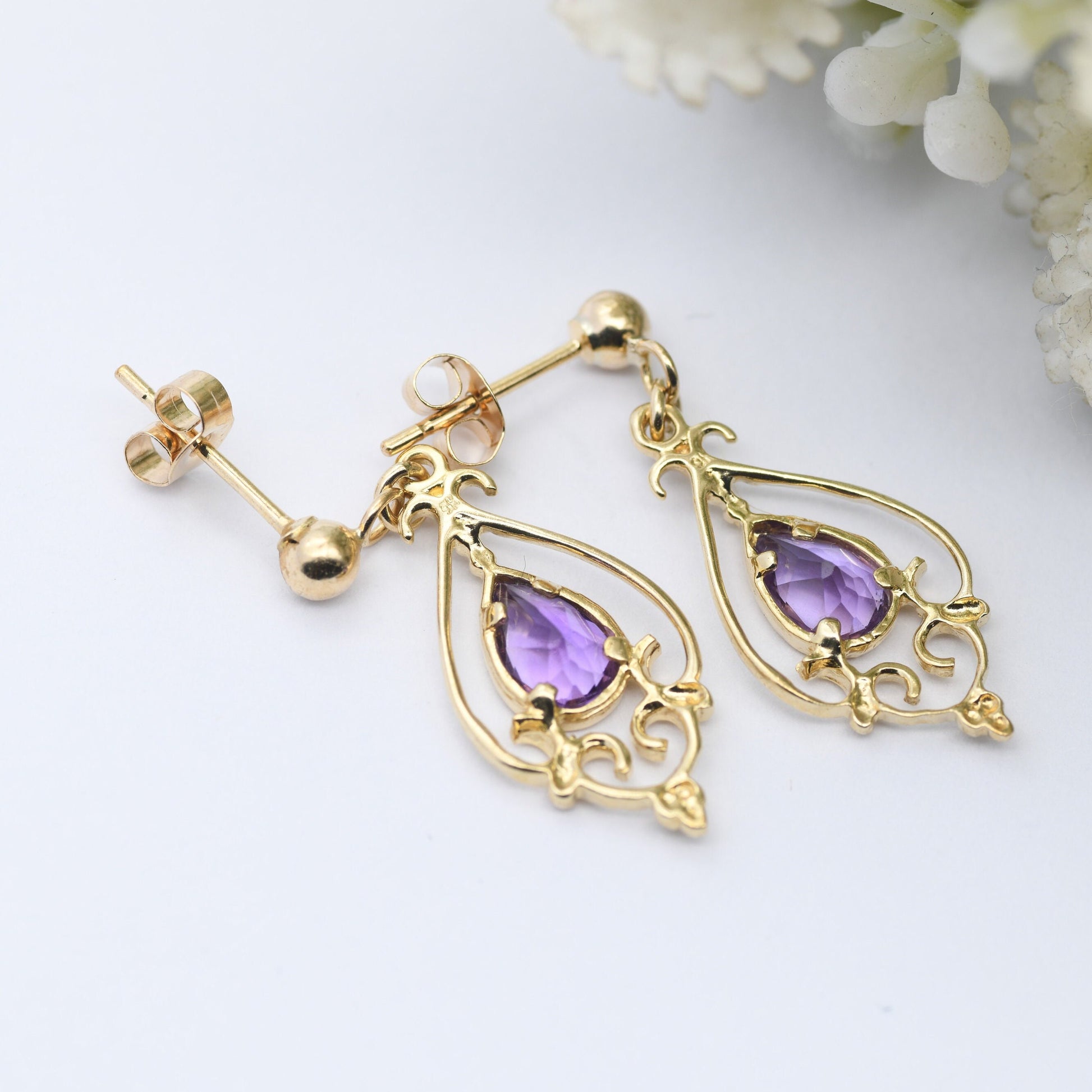 Vintage 9ct Gold Amethyst Drop Earrings - Ornate Floral Openwork