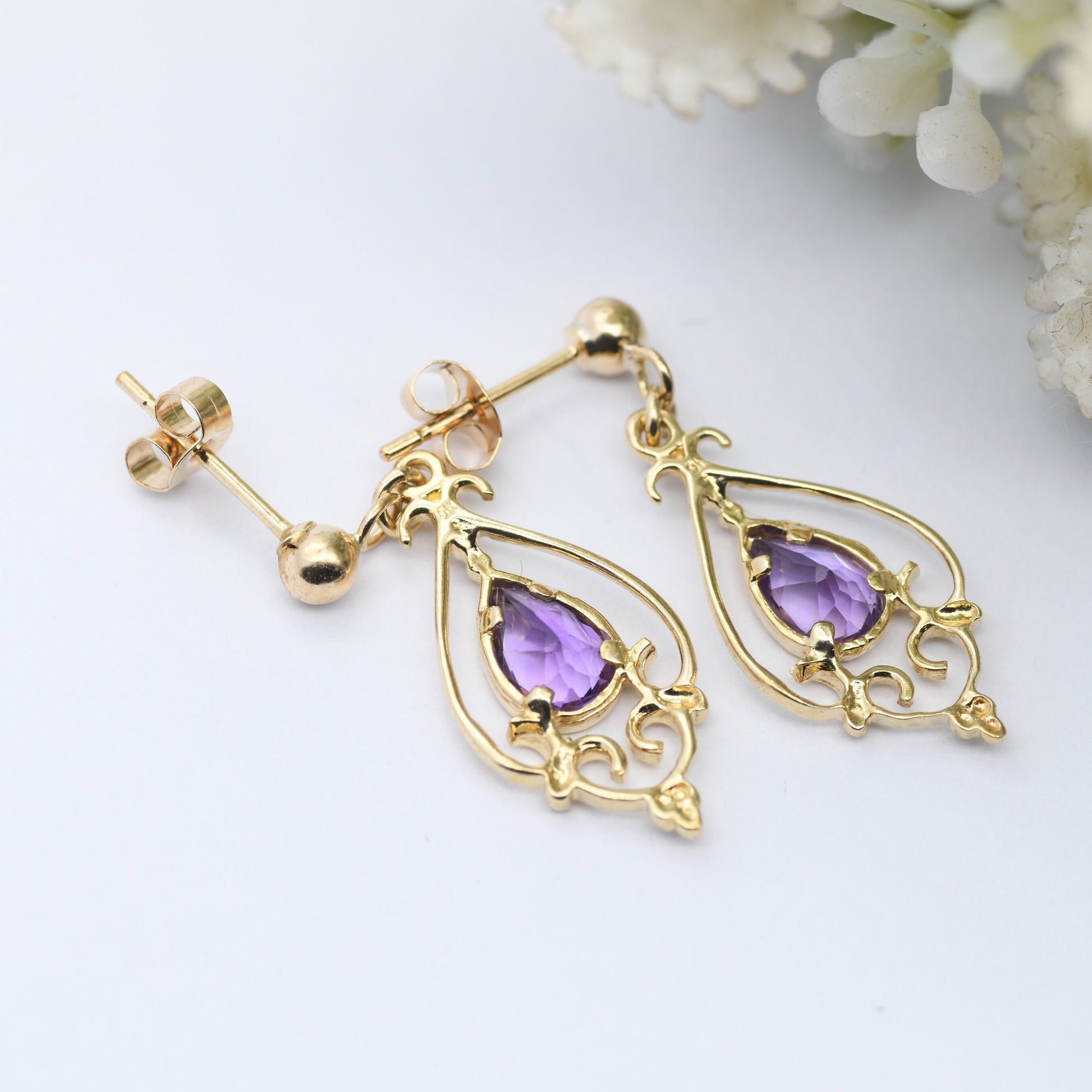 Vintage 9ct Gold Amethyst Drop Earrings - Ornate Floral Openwork