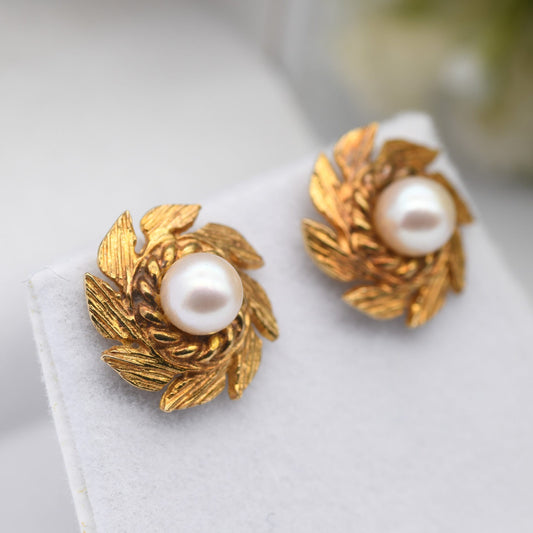 Vintage 9ct Gold Pearl Flower Stud Earrings - Chunky Abstract Flower Design | Textured Mid-Century Gold