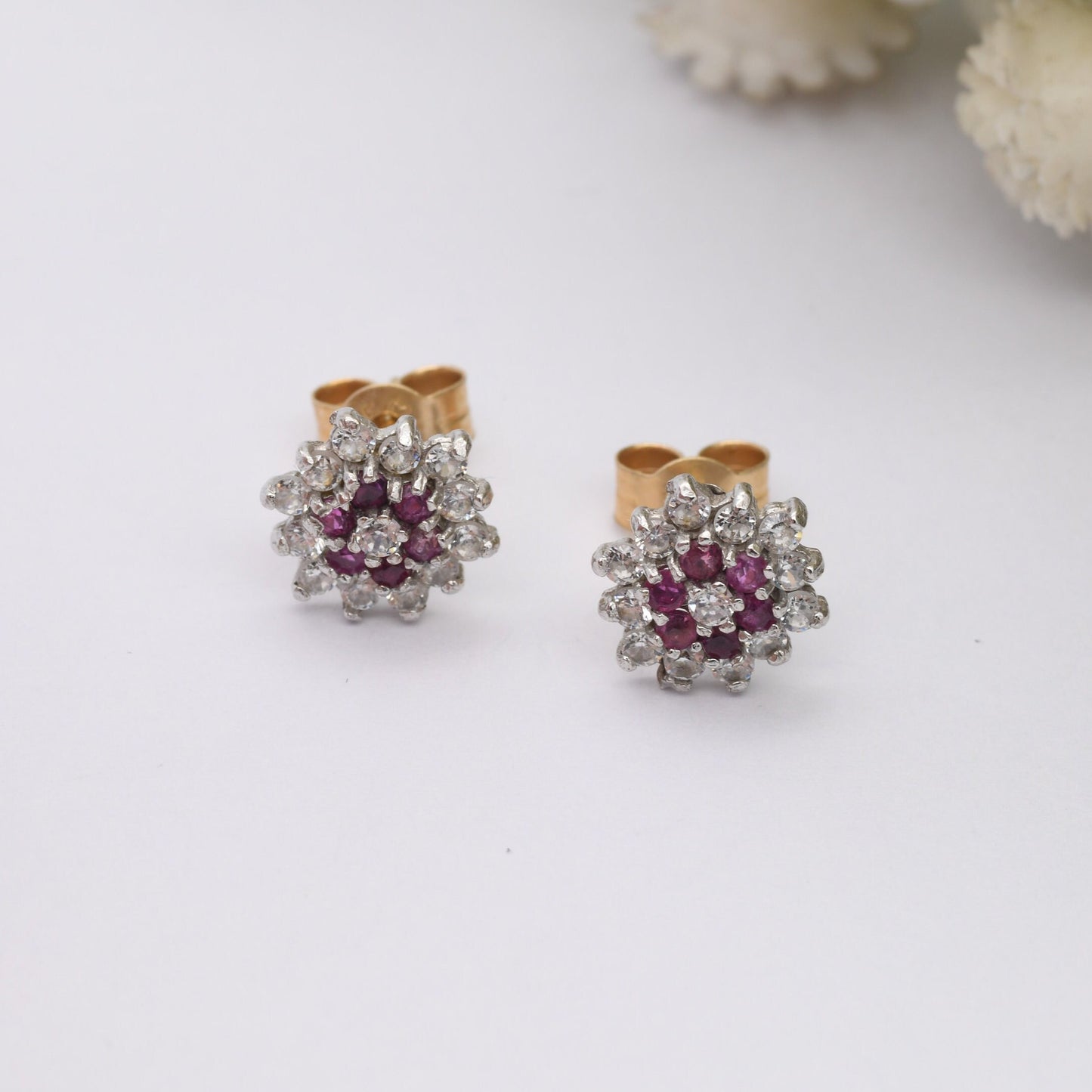 Vintage 9ct Gold Ruby Flower Cluster Stud Earrings - Sparkly CZ Clear Stones | White Gold Front