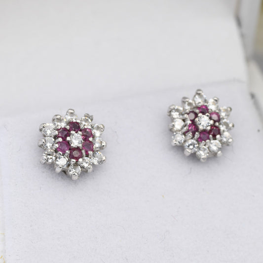 Vintage 9ct Gold Ruby Flower Cluster Stud Earrings - Sparkly CZ Clear Stones | White Gold Front