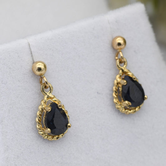 Vintage 9ct Gold Sapphire Drop Earrings with Rope Twist Setting - Teardrop Shape