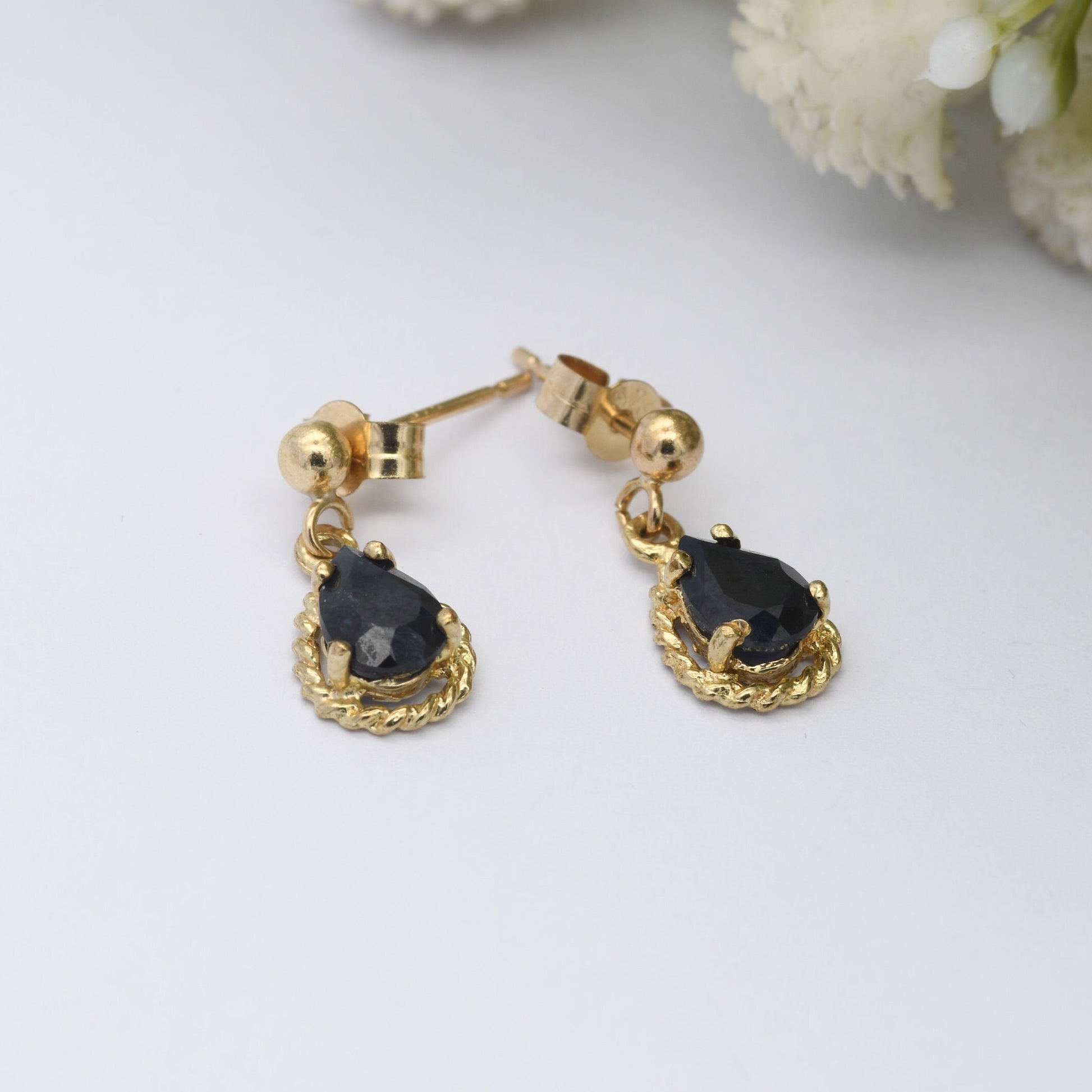 Vintage 9ct Gold Sapphire Drop Earrings with Rope Twist Setting - Teardrop Shape