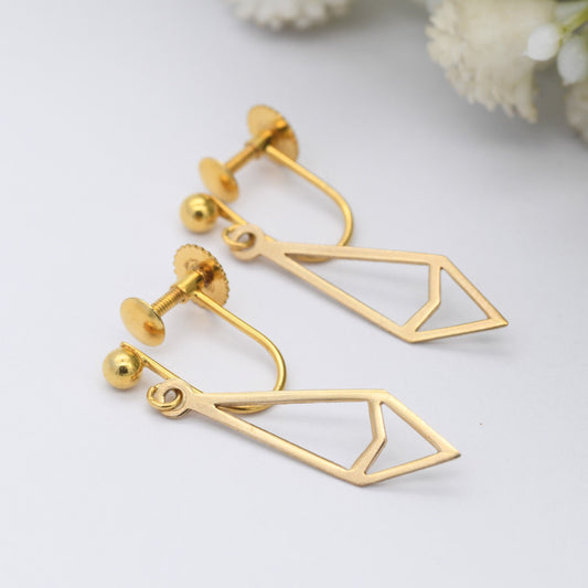 Vintage 9ct Gold Screwback Drop Earrings - Minimalist Geometric Diamond Shape