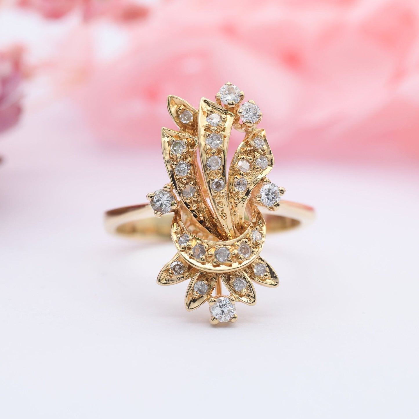 Vintage 18ct Gold Diamond Cocktail Ring - Ornate Statement Cluster Egyptian Gold Ring | UK Size - N | US Size - 6 3/4