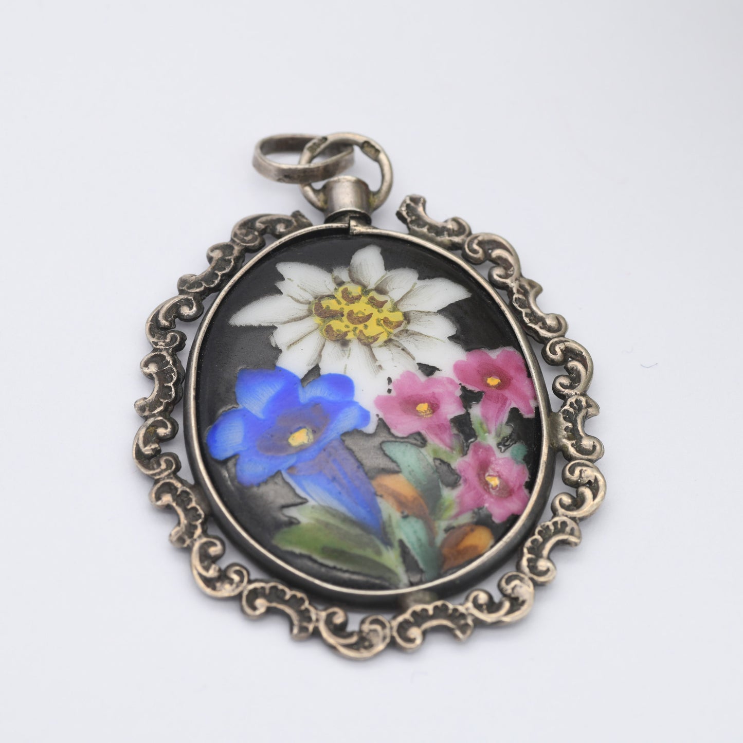 Vintage Silver Hand Painted Ceramic Flowers Pendant with Scrolling Design Frame - German Handgemalt