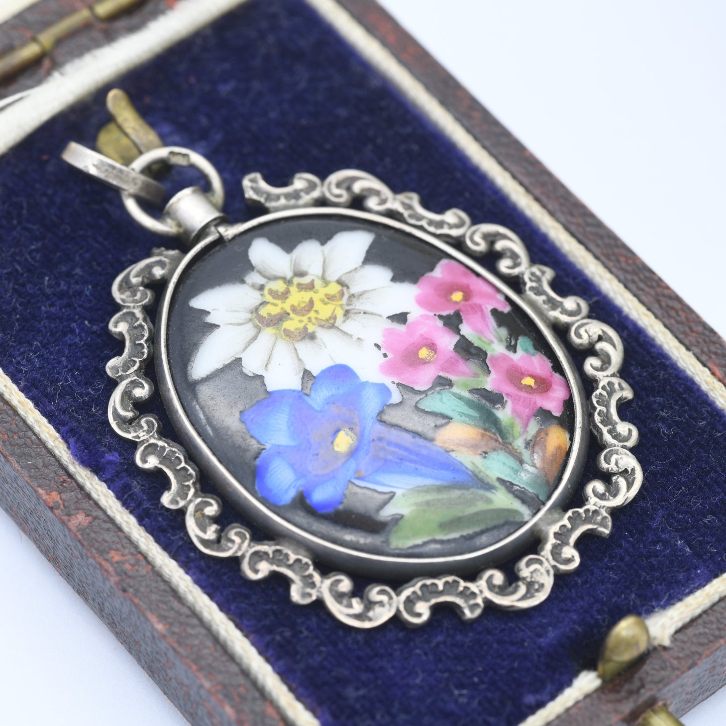 Vintage Silver Hand Painted Ceramic Flowers Pendant with Scrolling Design Frame - German Handgemalt